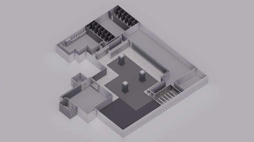 양재 러쉬앤짐 3D 설계 조감: 층 전체의 존 배치를 위에서 내려다본 모델